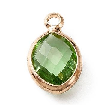 Faceted Glass Pendants, August Birthstone Charms, with Brass Cabochon Settings, Oval, Golden, Light Green, 13x8x4mm, Hole: 1.6mm