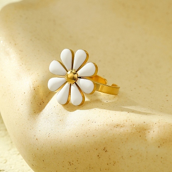 304 Stainless Steel Enamel Stud Rings for Women, Flower, White, Adjustable, Flower: 18x18mm