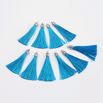 Nylon Tassels Big Pendant Decorations, with Antique Silver Alloy Findings, Light Blue, 55~67x7mm, Hole: 2mm