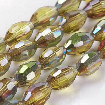 Electroplate Glass Beads Strands, Half Plated, Faceted, Oval, Goldenrod, 6x4mm, Hole: 1mm, about 72pcs/strand, 16 inch