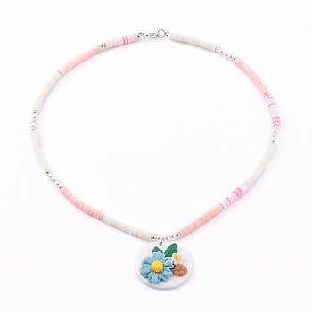 Handmade Polymer Clay Pendant Necklaces, Heishi Beads, with Brass Beads, Flat Round with Flower, Colorful, 17.4 inch(44.2cm)