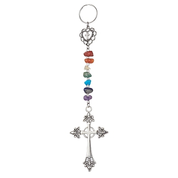 Tibetan Style Alloy Keychains, with Chakra Gemstone Chips and 304 Stainless Steel Split Key Rings, Cross, 170mm