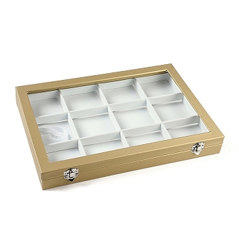 12 Grids Imitation Leather Jewelry Boxs, Rectangle Desktop Organizer Case with Glass Cover, for Rings, Earrings, Necklaces, White, 35.3x24.3x4.5cm, 73x80mm inner diameter