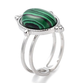 304 Stainless Steel Ring, Adjustable Synthetic Malachite Rings, Oval, 15.5x21.5mm, Inner Diameter: Adjustable