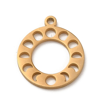 304 Stainless Steel Charms, Laser Cut, Round Ring with Moon Phases Charm, Real 18K Gold Plated, 14.5x12.5x1mm, Hole: 1.2mm