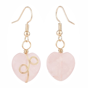 Natural Rose Quartz Heart Dangle Earrings, Brass Wire Wrap Jewelry for Women, Golden, 38mm, Pin: 0.7mm