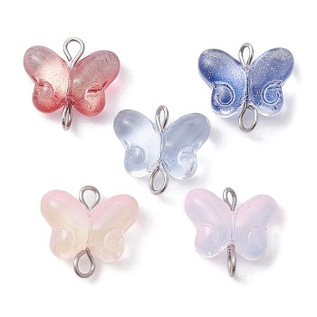 Transparent Baking Painted Glass Connector Charms, with Platinum Plated Brass Double Loops, Mixed Color, Butterfly, 14x14.5x5.5mm, Hole: 1.8~2mm