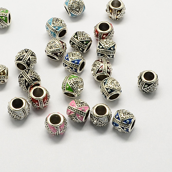 Alloy Rhinestone European Beads, Drum Large Hole Beads, Enamel Style, Antique Silver, Mixed Color, 10x11mm, Hole: 5mm