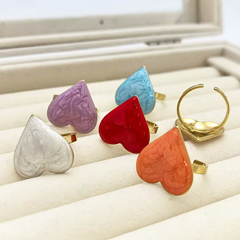 304 Stainless Steel Enaeml Open Cuff Rings for Women, Heart, Golden, Mixed Color, Inner Diameter: 17.8mm