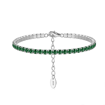 Rhodium Plated Real Platinum Plated 925 Sterling Silver Link Chain Bracelet, Cubic Zirconia Tennis Bracelets, with S925 Stamp, Green, 6-5/8 inch(16.8cm)