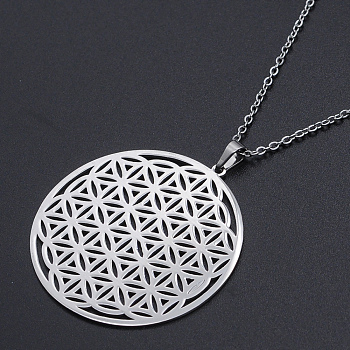 201 Stainless Steel Pendant Necklaces, with Cable Chains and Lobster Claw Clasps, Flower of Life, Stainless Steel Color, 17.71 inch(45cm), 1.5mm