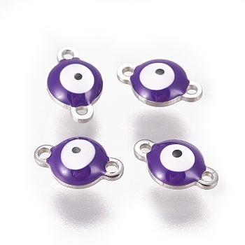 304 Stainless Steel Enamel Links connectors, Flat Round with Evil Eye, Stainless Steel Color, Indigo, 14.5x10x4.5mm, Hole: 1.4mm