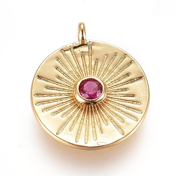 Brass Micro Pave Cubic Zirconia Pendants, Flat Round, Deep Pink, Golden, 16.5x14x3mm, Hole: 1.3mm