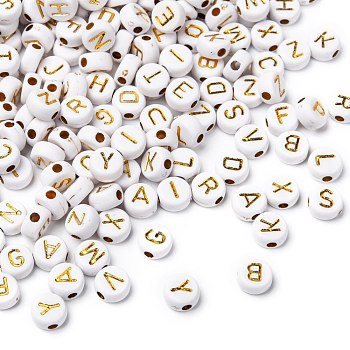 Plating Acrylic Beads, Metal Enlaced, Horizontal Hole, Mixed Letters, Flat Round, Golden Plated, 7x4mm, Hole: 1.8mm