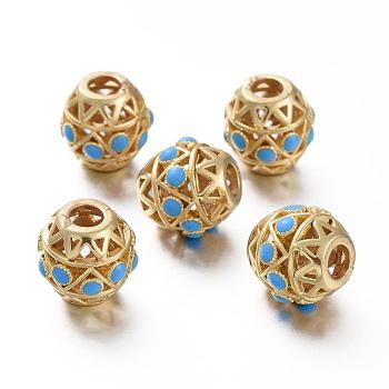 Matte Gold Color Brass Hollow Beads, with Enamel, Long-Lasting Plated, Round, Deep Sky Blue, 10.5~11mm, Hole: 3.5mm