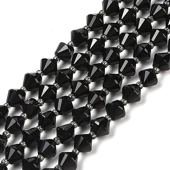 Natural Black Onyx Beads Strands, Dyed & Heated, Faceted Bicone, with Seed Beads, 8x8mm, Hole: 1.2mm, about 36~40pcs/strand, 14.96 inch(38cm)