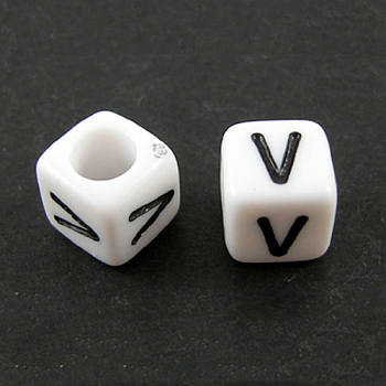 Letter Acrylic European Beads, Horizontal Hole, Cube, Letter.V, 10x10x10mm, Hole: 3.5~4mm, about 59pcs/50g