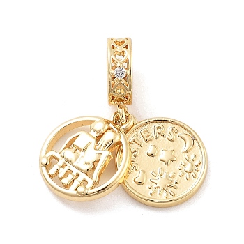 Rack Plating Brass Micro Pave Clear Cubic Zirconia Ruropean Dangle Charms, Flat Round Sister Large Hole Pendants, Cadmium Free & Lead Free, Long-Lasting Plated, Real 18K Gold Plated, 24mm, Hole: 5mm, Flat Round: 12x14x2mm