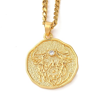 Brass Clear Cubic Zirconia Curb Chain Constellation Pendant Medal Necklaces for Women,  Real 18K Gold Plated, Taurus, 17.52~17.72 inch(44.5~45cm), pendant: 23.5x21.5x2mm