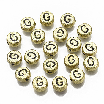 Plating Acrylic Beads, Horizontal Hole, Flat Round with Letter, Golden Plated, Black, Letter.G, 7x4mm, Hole: 1.2mm.