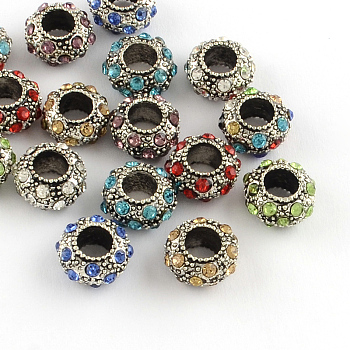Rondelle Antique Silver Plated Metal Alloy Rhinestone European Beads, Large Hole Beads, Mixed Color, 11~12x6mm, Hole: 5mm