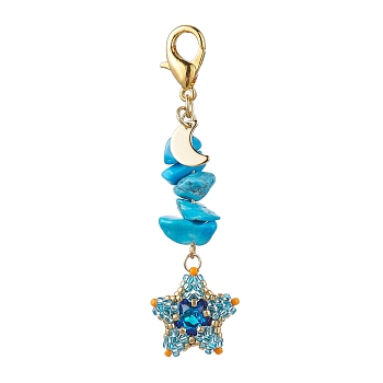 TOHO Seed Pendant Decorations, with Synthetic Turquoise Beads and Pointed Back & Back Plated K9 Glass Rhinestone Cabochons, Zinc Alloy Lobster Claw Clasps, Star, 65~66mm, Pendants: 49~50x18~19x6~7mm