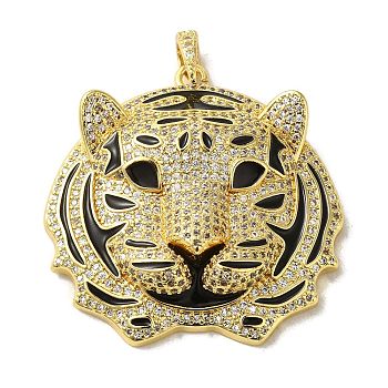 Brass Micro Pave Clear Cubic Zirconia with Enamel Pendants, Real 18K Gold Plated, Tiger, 44.5x44.5x12mm, Hole: 7x4mm