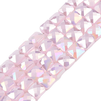 Electroplate Opaque Solid Color Glass Beads Strands, AB Color Plated, Faceted, Square, Pink, 6x6x4.5mm, Hole: 1.2mm, about 95~98Pcs/strand, 24.41 inch(62cm)