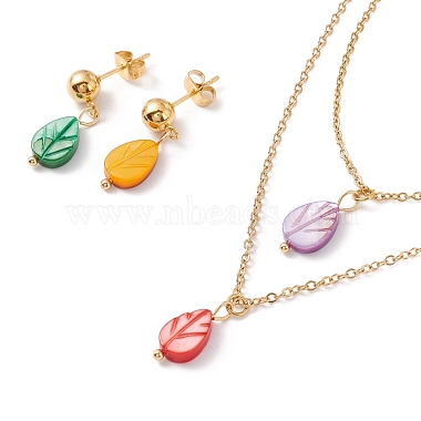 Synthetic Shell Leaf Pendant Double Layer Necklaces and Dangle Stud Earrings(SJEW-F217-04G)-2