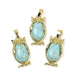 Synthetic Turquoise Pendant, with Brass Findings,  Lead Free & Cadmium Free, Long-Lasting Plated, Owl, 28.5x15.5x7mm, Hole: 5x8mm(KK-F887-02G-02)