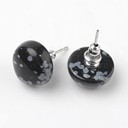 Half Round Dome Natural Snowflake Obsidian Stud Earrings, with Platinum Plated Brass Findings, 18mm, Pin: 0.8mm(EJEW-L171-03)