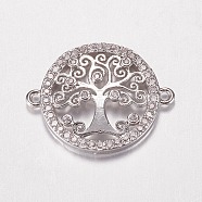 Brass Micro Pave Cubic Zirconia Links, Clear, Flat Round with Tree of Life, Platinum, 16x20.5x2.5mm, Hole: 1mm(ZIRC-F068-31P)