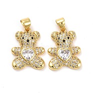 Brass Micro Pave Cubic Zirconia Pendants, Real 18K Gold Plated, Lead Free & Cadmium Free, Bear with Heart, White, 19.5x14.5x4mm, Hole: 4x3.5mm(KK-K258-24B-G-RS)