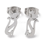 304 Stainless Steel Stud Earrings, Cat, Stainless Steel Color, 12x5mm(EJEW-B022-04P)