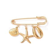 304 Stainless Steel Shell & Starfish Charms Safety Pin Brooch, Brass Sweater Shawl Clips for Waist Pants Extender Clothes Dresses Decorations, Golden, 40x50x7mm, Pin: .5mm(JEWB-BR00083)