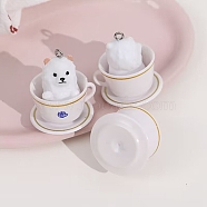 Opaque Resin Puppy Pendants, Cute Dog in Tea Cup Charms, with Platinum Tone Iron Loops, WhiteSmoke, 31~32.5x28x26mm, Hole: 2mm(RESI-G095-01B)