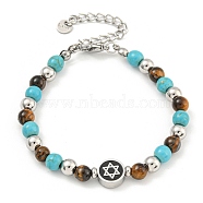 Star of David  304 Stainless Steel & Synthetic Turquoise & Natural Tiger Eye Round Beaded Bracelets for Women, Stainless Steel Color, 6-3/4 inch(17.2cm)(BJEW-G717-07P)