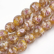 Handmade Gold Sand Lampwork Beads, Inner Flower, Round, Orange, 10~10.5x9~10mm, Hole: 1.5~2mm(LAMP-T006-09H)