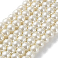 Chapelets de perles en verre nacré, nacré, ronde, blanc crème, 8mm, Trou: 1mm, Environ 100 pcs/chapelet, 32 pouce(HY-8D-B02)