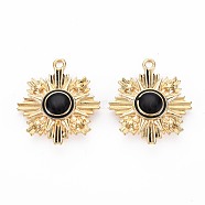Brass Connector Charms, with Black Enamel, Nickel Free, Flower, Real 18K Gold Plated, 29x25.5x3.5mm, Hole: 2mm(KK-S356-721)