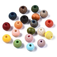 Painted Natural Wood Beads, Laser Engraved Pattern, Round, Mixed Color, 10x9mm, Hole: 2.5mm(WOOD-S057-072)
