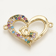 Brass Micro Pave Cubic Zirconia Links, Heart with Footed, Colorful, Golden, 18x26.5x3.5mm, Hole: 1.2mm(ZIRC-S061-39G)