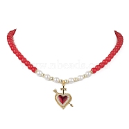 Heart Brass Cubic Zirconia Pendant Necklace, with Dyed Natural Malaysia Jade & Shell Pearl Beaded, Red, 15.59 inch(39.6cm)(NJEW-JN04599-02)