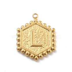 201 Stainless Steel Pendants, Golden, Hexagon with Letter Charm, Letter L, 21x16.5x2mm, Hole: 1.5mm(STAS-R227-01L-G)