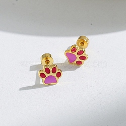 304 Stainless Steel Stud Enamel Earrings, Golden, Paw Print, 7x7.5mm(EJEW-Q028-04A-G)