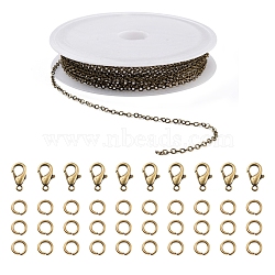 DIY 3m Brass Cable Chain Jewelry Making Kit, with 30Pcs Iron Open Jump Rings with 10Pcs Zinc Alloy Lobster Claw Clasps, Antique Bronze, Chain Link: 2x1.8x0.2mm(DIY-YW0005-75AB)