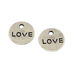 Tibetan Style Zinc Alloy Pendants, Flat Round with Word LOVE, Lead Free & Cadmium Free, Antique Silver, 9x1mm, Hole: 1.5mm, about 2000pcs/1000g(TIBEP-R334-312AS-RS)