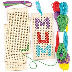 DIY Wood Bookmarks Cross Stitch Kits, including Polyester Thread, Ribbon & Plastic Needle, Rectangle, Bookmark: 130x60mm, 4pcs(OFST-PW0006-14A)