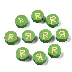 Handmade Polymer Clay Beads, Flat Round with Alphabet, Yellow Green, Letter.R, 9x3.5~5mm, Hole: 1.6mm(CLAY-N011-031R)