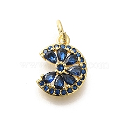 Brass Micro Pave Cubic Zirconia Pendants, with Jump Ring, Long-Lasting Plated, Lead Free & Cadmium Free, Flower Charms, Blue, 13x10.5x2.5mm, Hole: 3.5mm(KK-L225-006G-02)